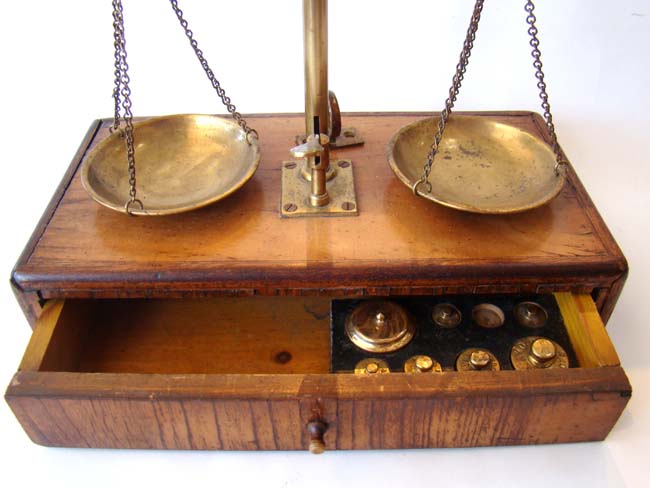 A lovely set of antique jeweler's scales mounted on a fruitwood base circa 1860 — image 2